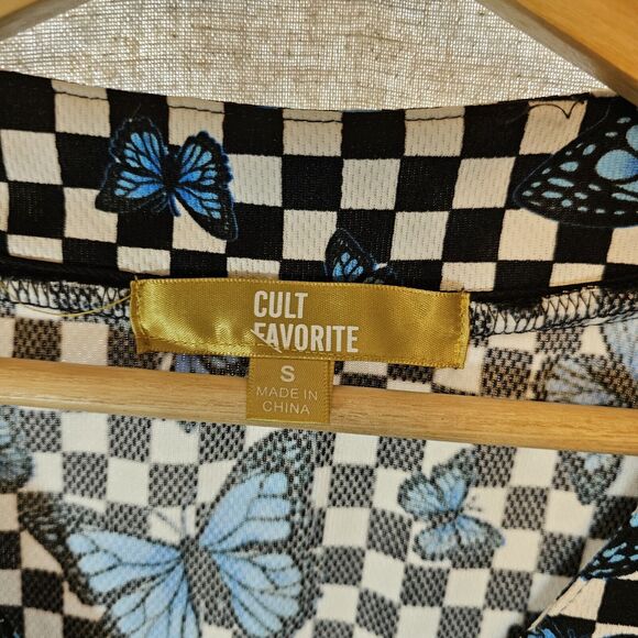 Cult Favorite Black White Check Blue Butterfly Anti-social Baseball Jersey Small - Picture 5 of 9